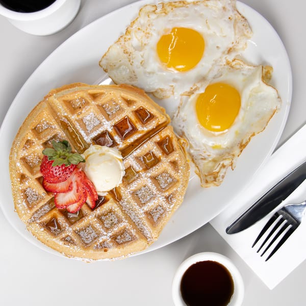 A Seaport Diner breakfast with a waffle topped with strawberries and cream, and two fried eggs.